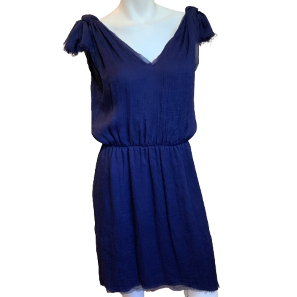 Calypso St. Barth Silk Blouson Dress Elastic Waist Knotted Sleeves Blue Small